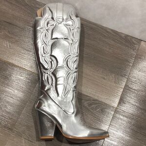 Missguided Silver Western Cowgirl Knee High Zip Boots New